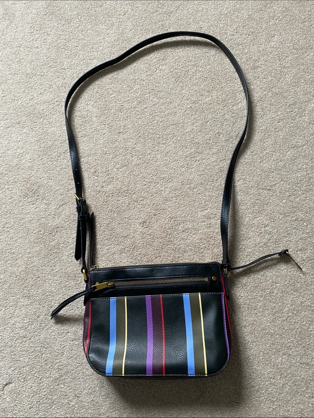 Fossil Black Crossbody Bag with Multicolor Vertical Stripes
